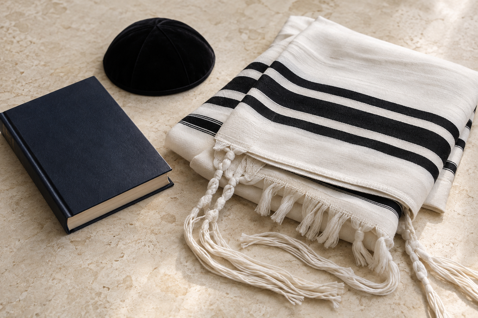 A folded traditional tallis, black velvet yarmulke and navy sefer on a light stone surface